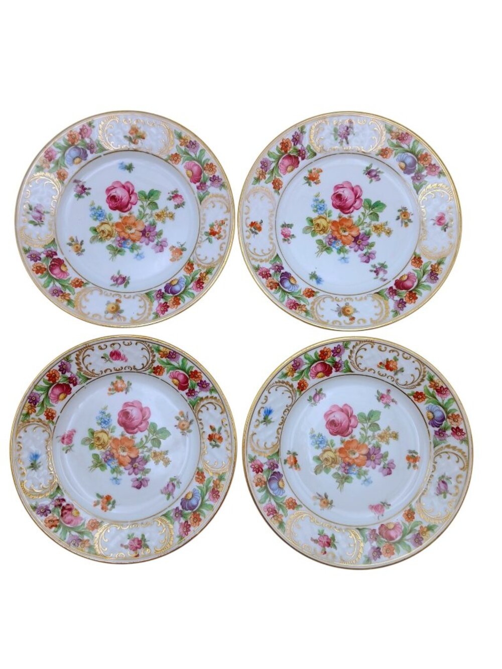 Dresden Schumann Bavaria Large Rose Bread Plates Set 4 Floral Gold 6.125"